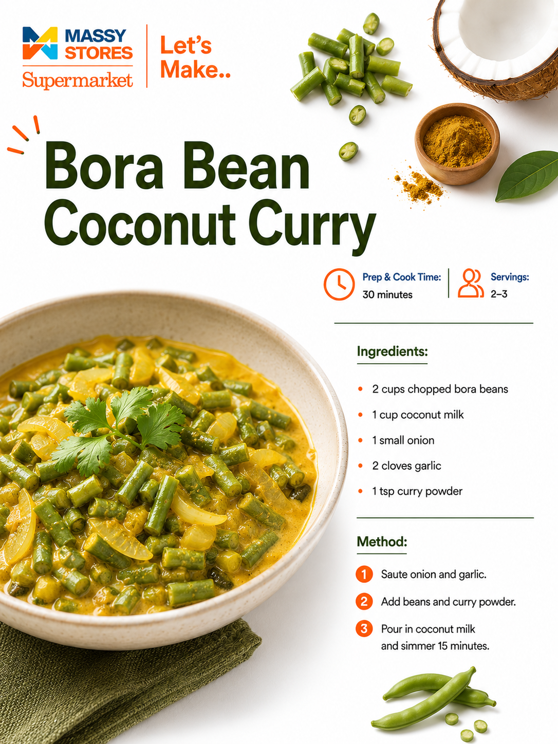 Bora Bean Coconut Curry recipe ingredients and method