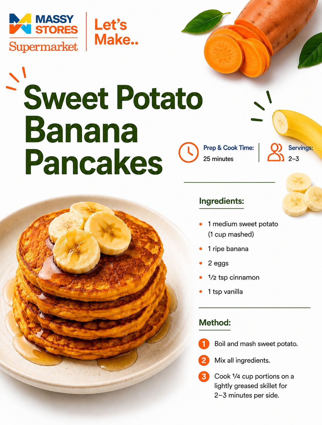 Sweet Potato Banana Pancakes recipe ingredients and method